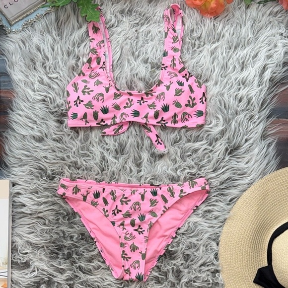 Cabana Del Sol Pink Cactus Leaf Print 2 Piece Bikini Set, S - Picture 8 of 13